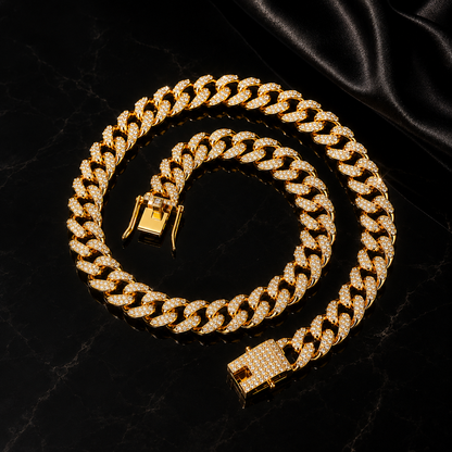 Y2K 古巴鍊 金色水鑽 15mm｜Cuban Diamond Gold 15mm